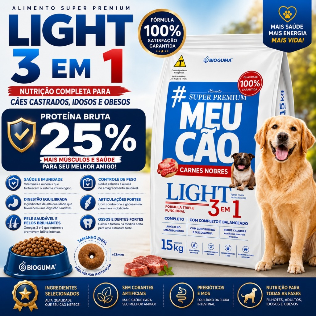 Ração Meu Cão Prime Light 15kg 3 em 1 Castrado Idoso Obeso Super ...