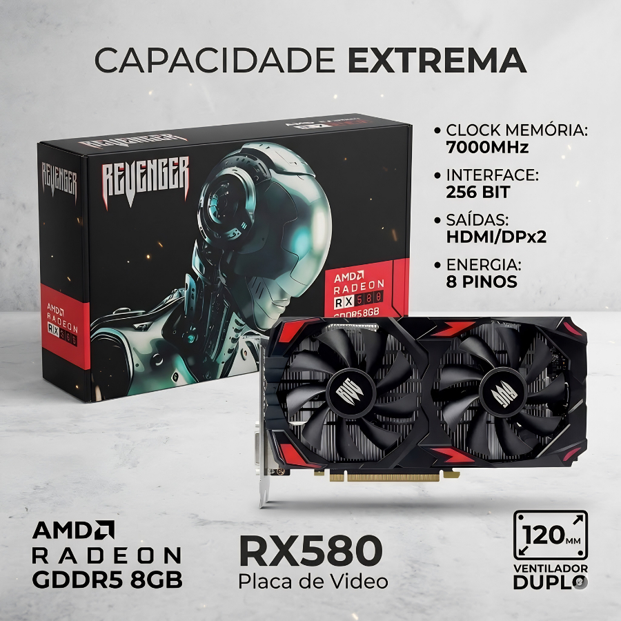 Placa De Vídeo Gamer AMD RADEON Rx 580 8GB GDDR5 HDMI/DP x2 8
