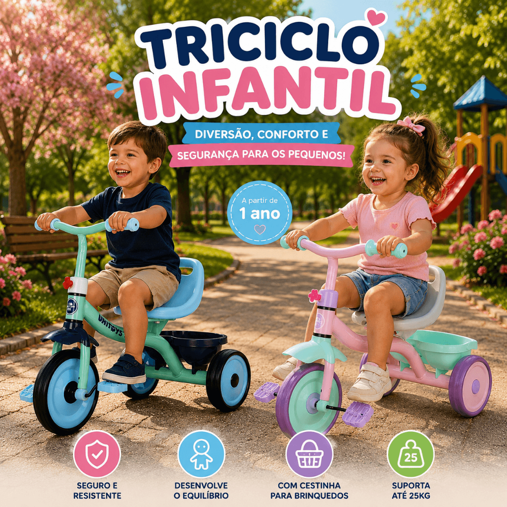 Triciclo Infantil Com Pedais E Cestinha Rosa Ou Azul Criança 1 Ano Até ...
