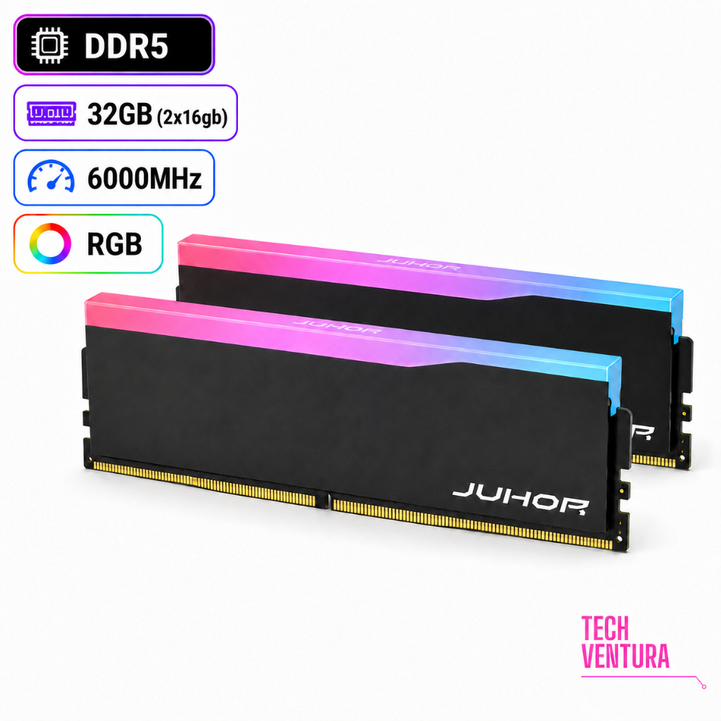 Kit Memória RAM Juhor DDR5 32GB 2x16GB 6000MHz CL38 RGB Preta Nova
