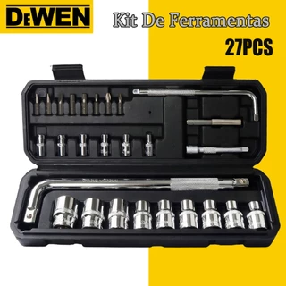 Kit Jogo De Ferramentas Soquetes 27 Peças CRV 1/2"+1/4" Chave de Catraca e Bits Ferramentas Para Reparação de Automóveis