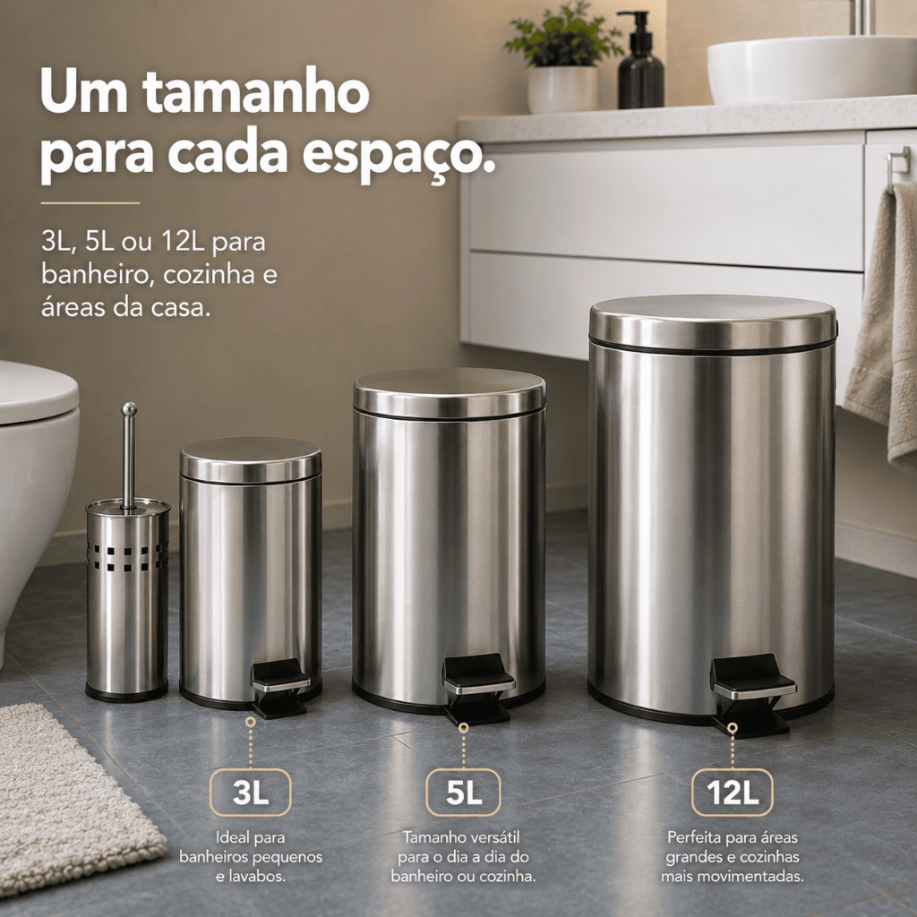 Lixeira Inox com Pedal 3L, 5L ou 12L e Escova Sanitária