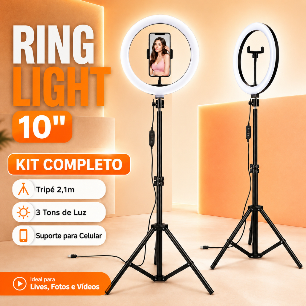 Ring Light 10 Polegadas 26cm com Tripé 2,10m Suporte para Celular 3 Tons de Luz USB para Lives Fotos e Vídeos