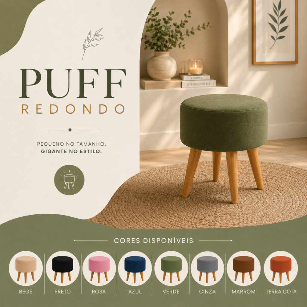 Banqueta Puff Redondo Reforçado 43cm com Pés Palito