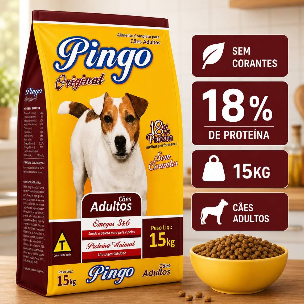 Ração Cachorro Pingo Original Cães Adultos 15kg Sem Corantes 18% Proteína