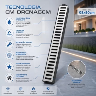 Ralo 8x50cm Linear Pluvial Grelha e Coletor de Agua para corredores, garagens e piscinas