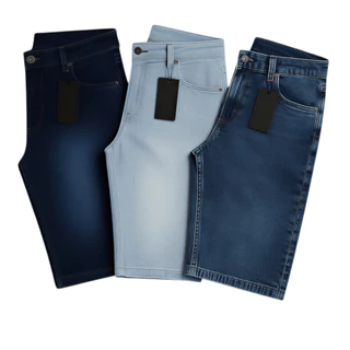 Kit 2 ou 3 Bermudas Jeans Masculinas Lisa e Destroyed com Lycra Premium Moda Casual Conforto Atacado Qualidade