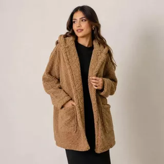 Casaco Teddy Feminino Tamanho Único Peludo Com Bolsos E Capuz Sobretudo Inverno Quentinho