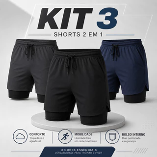Kit 3 Bermudas Masculinas 2 em 1 Dry Fit com Compressão e Bolso Interno