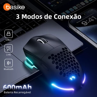 Mouse Gamer Basike Sem Fio 3 Modos: Bluetooth + 2.4G + USB | 12.8K DPI | 600mAh Recarregável | RGB Botões Programáveis