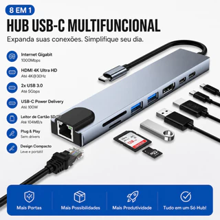 Hub USB-C 8 em 1 com HDMI 4K, RJ45, Leitor SD/TF, USB 3.0, Tipo-C PD – Adaptador para MacBook, Notebook, PC