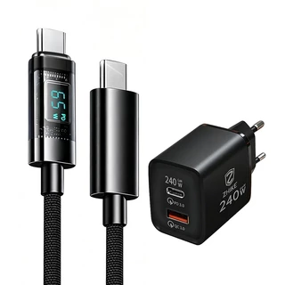 Cabo Carregador Carregamento Rápido Tipo C iP Visor Digital LED 1M Trançado de nylon Com Adaptador GaN