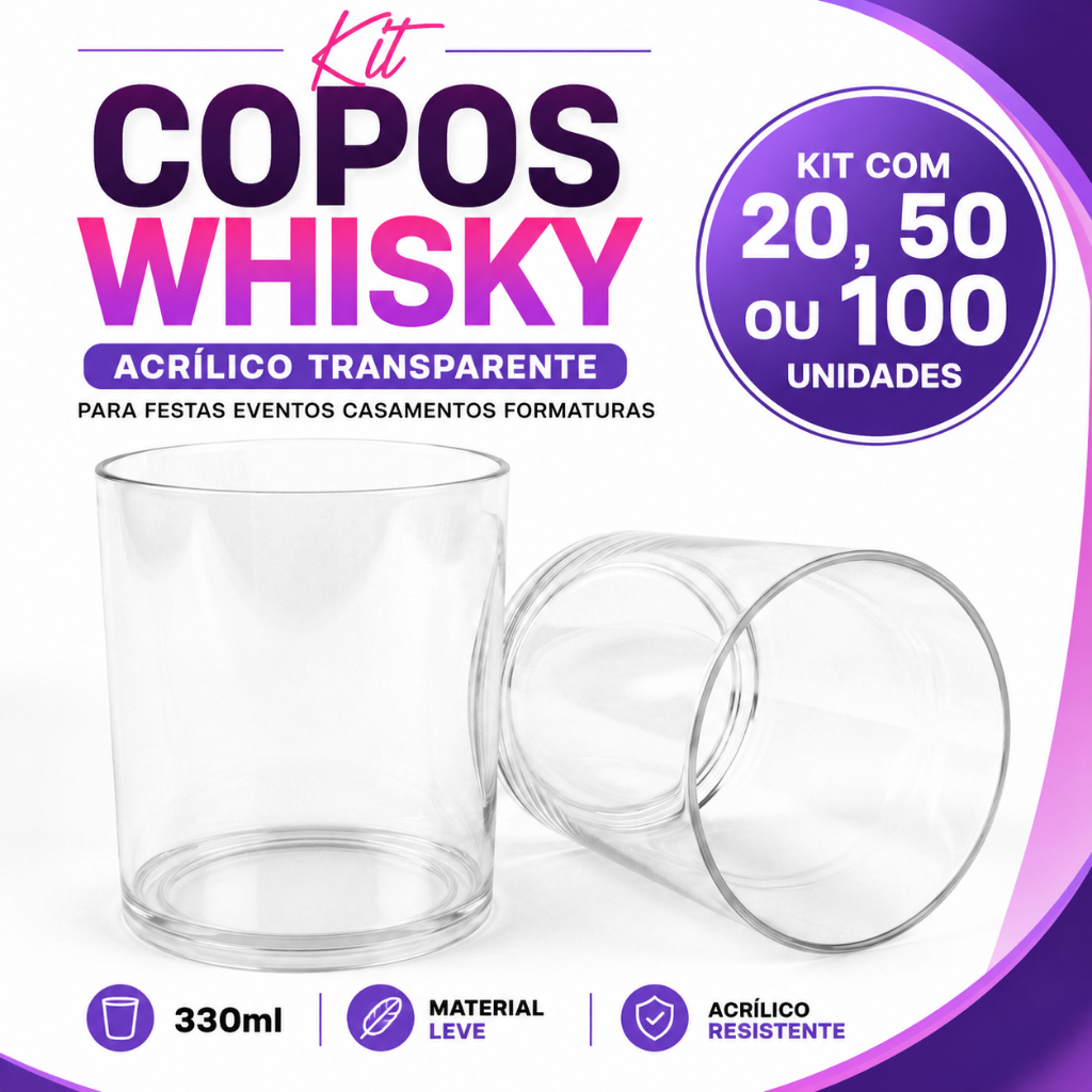 Kit Copos Whisky 330ml Acrílico SEM PERSONALIZAÇÃO Transparente para ...