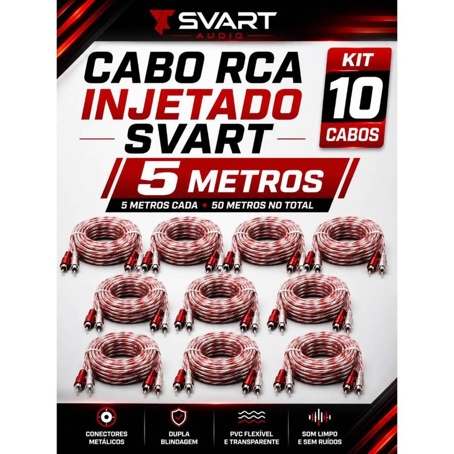Kit 10 Cabos RCA Automotivo 5m Vermelho 4mm Blindagem Dupla carro barco caminhao lancha paredao automotivo