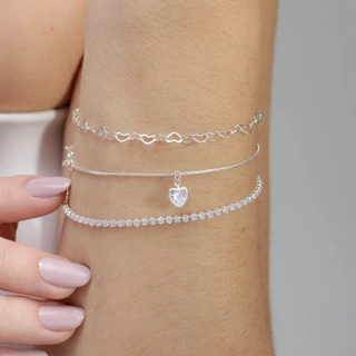 kit 3 pulseiras prata F925, rivieira elo e veneziana com berloque de coração