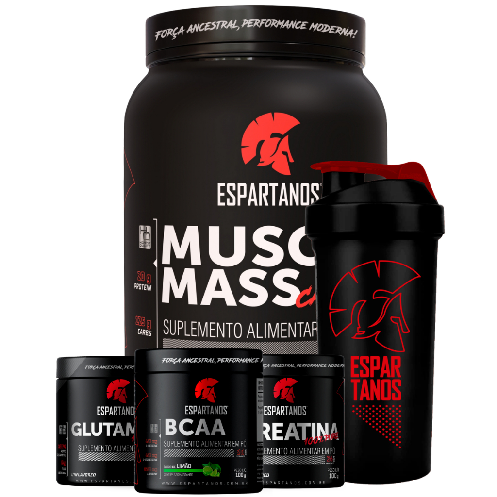 Kit Suplemento Hipercalórico Muscle Mass + Bcaa + Creatina + Glutamina + Shaker - Espartanos