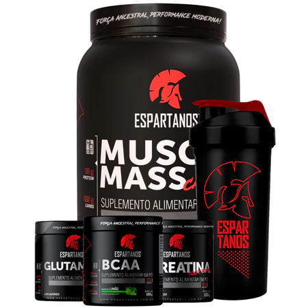 Kit Suplemento Hipercalórico Muscle Mass Bcaa 3 1 1 Creatina Glutamina Shaker Espartanos