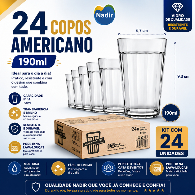 Kit 24/48 Copos Americanos de Vidro 190 ml Nadir Copo de Cerveja Café para Bar