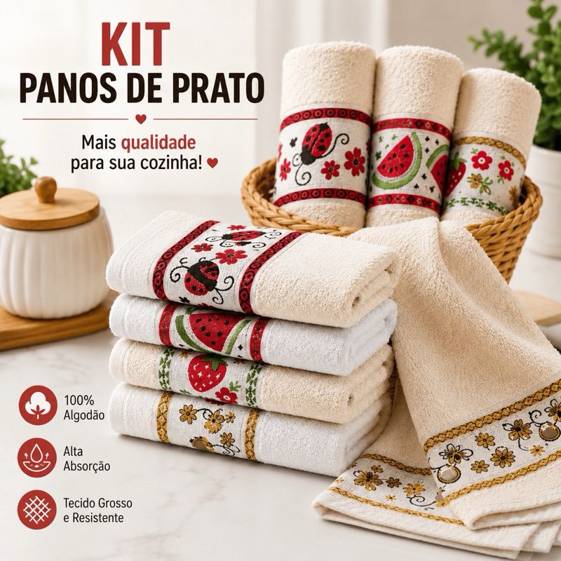 Kit 10 Panos de PratoCopa Coleção Kitchen Jacquard 100% Algodão 50x70cm
