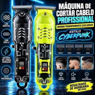 Máquina de Cortar Cabelo Transparente com Display LED Bateria Recarregável Pentes Guia para Uso Doméstico