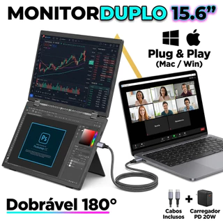 Monitor Duplo Portátil 15.6" IPS FHD Extensor de Tela Tripla Dobrável 180° para Notebook MacBook Windows + Cabos