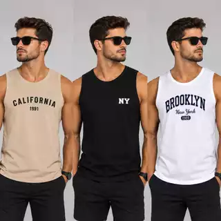 Kit 3 Camisetas Regatas Machão Algodão Verão Estampas Moderno Estilo