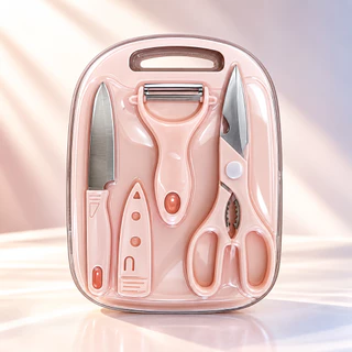 Kit de Utensílios de Cozinha 5 Peças - Faca Tesoura Descascador Tábua Culinária