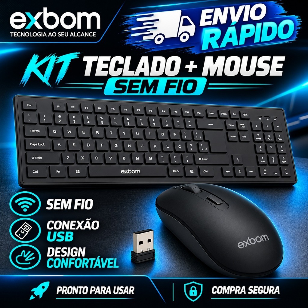 Teclado Sem Fio Preto Slim ABNT2 Mouse Ergonômico com Pilha Inclusa ...
