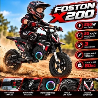 Mini Moto Elétrica Foston X200 250W 20km/h 3 Velocidades com Suspensão até 80kg - Dia das Crianças