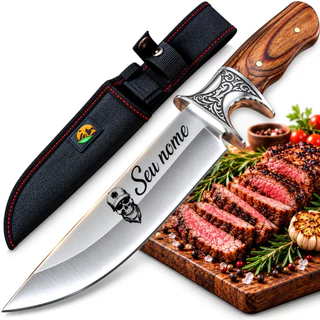 Faca De Caça Pesca Churrasco Luxo Personalizada com seu Nome Gravado e Bainha