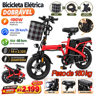 Bicicleta Elétrica Dobrável T1 400W 48V 10.4Ah Aro 14 25km/h Até 40km Autonomia Freios a Disco Duplos Bateria Removível
