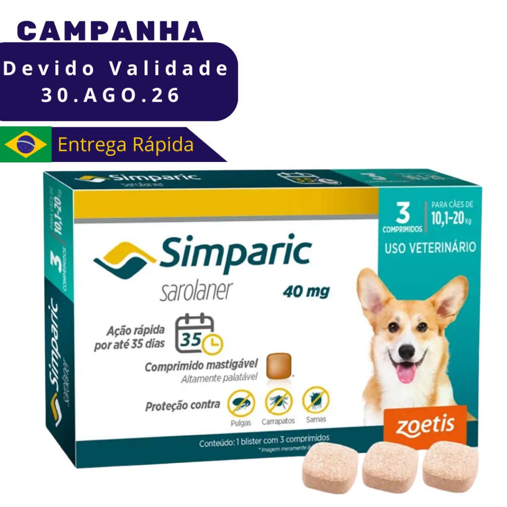 Simparic Cães 10,1 a 20 kg 3 Comprimidos Antipulgas Carrapatos Sarna ...