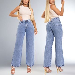 Calça Wide Leg Feminina Jenas Original Cintura Alta Levanta Bumbum Linha Premium Pantalona Perna Larga Marmorizada