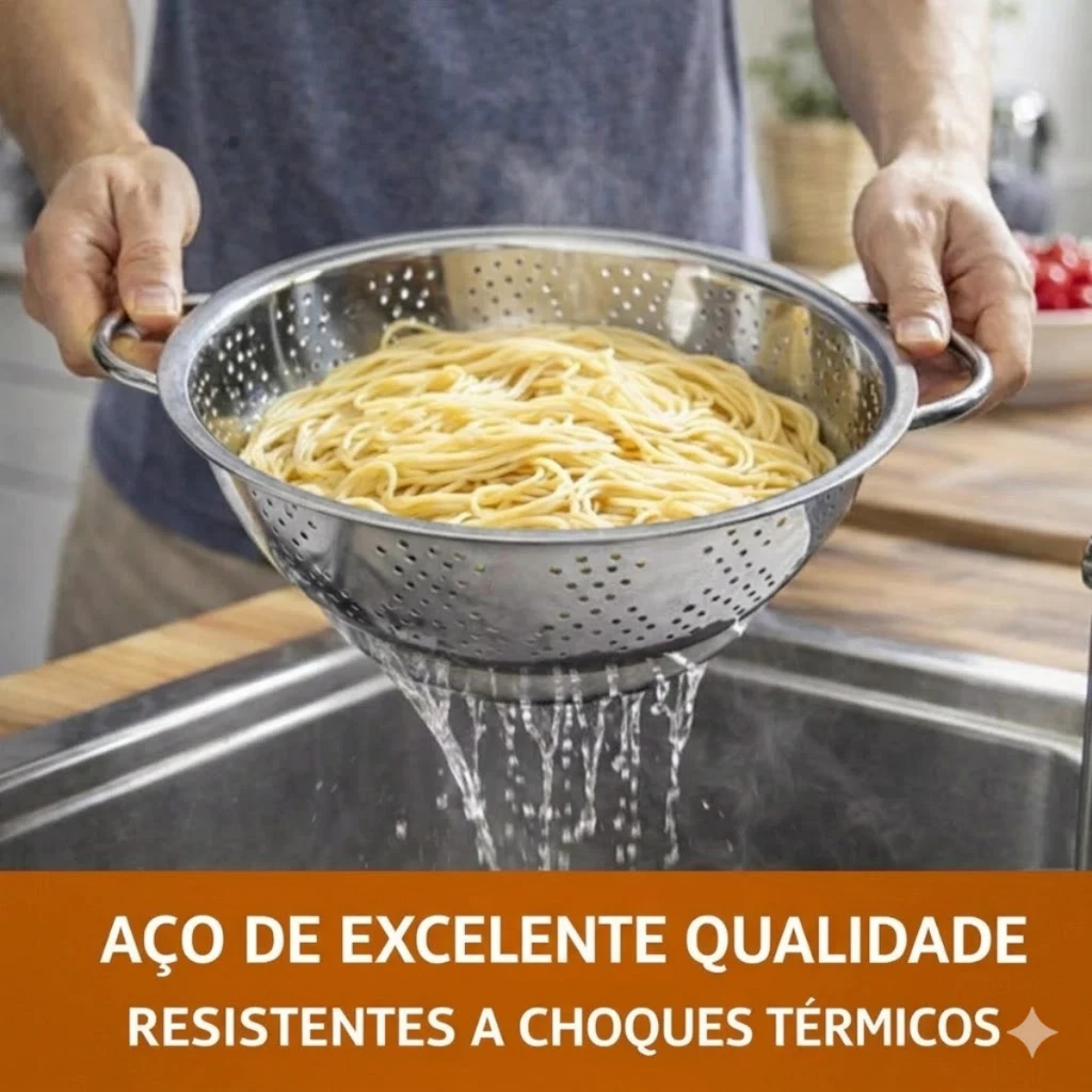 Escorredor de Macarrão Legumes Frutas Inox com Alças 23/24/28cm Peneira Cozinha Tigela Inoxidável Resistente - Imagem 2