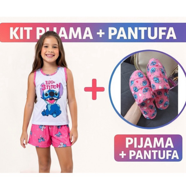 kit pijama regata infantil+pantufa verao personagens stitch blogueira baby doll de menina feminino
