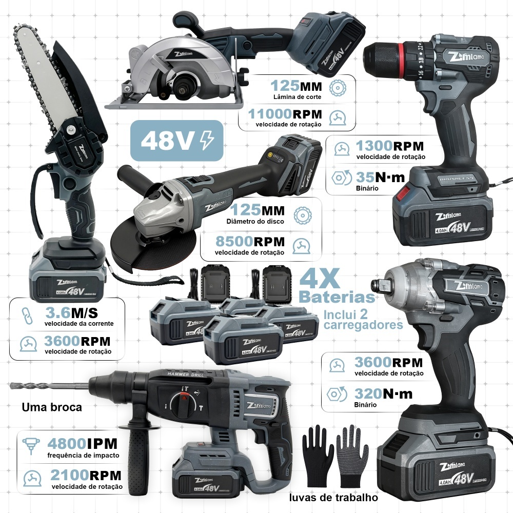 Kit Ferramentas 6 Em 1 48V Sem Fio Brushless Furadeira Impacto Esmerilhadeira Motosserra