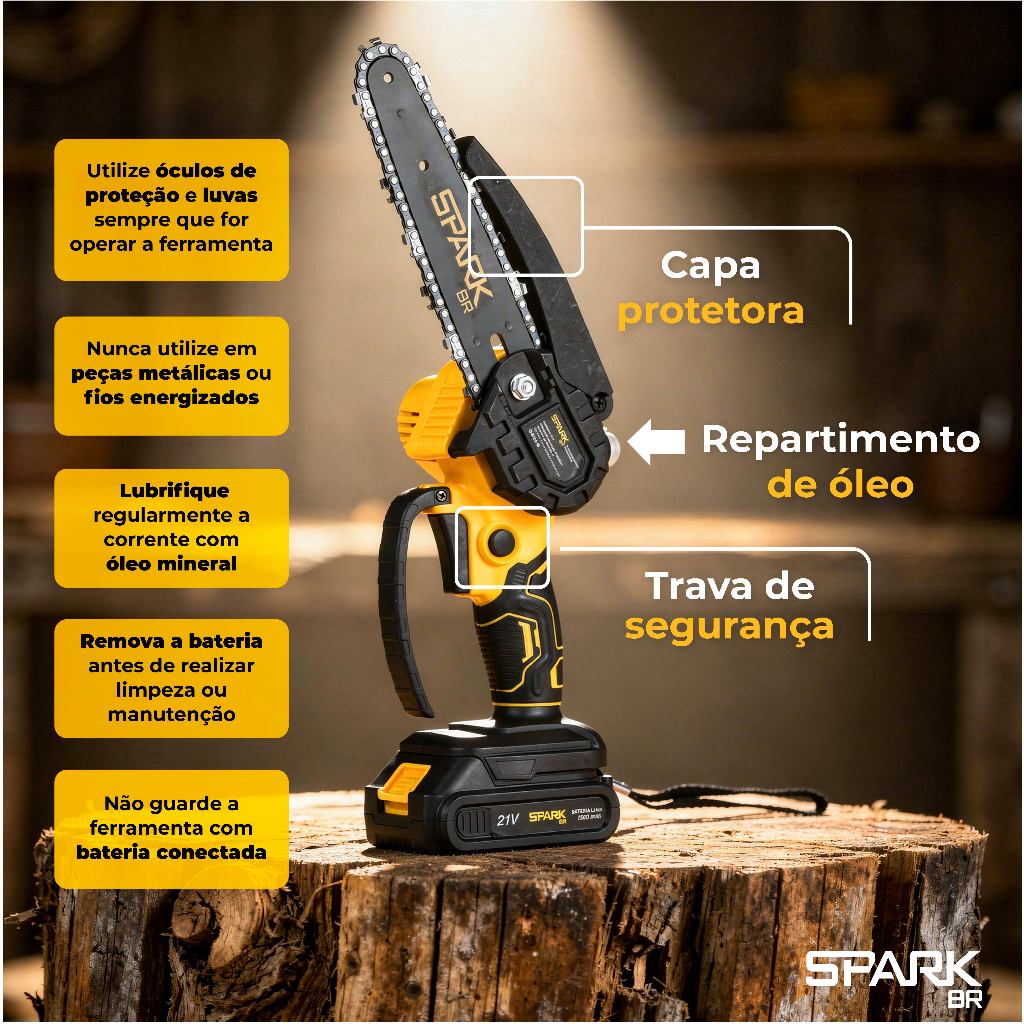 Motosserra Elétrica Portátil SparkBR 6 Polegadas Recarregável