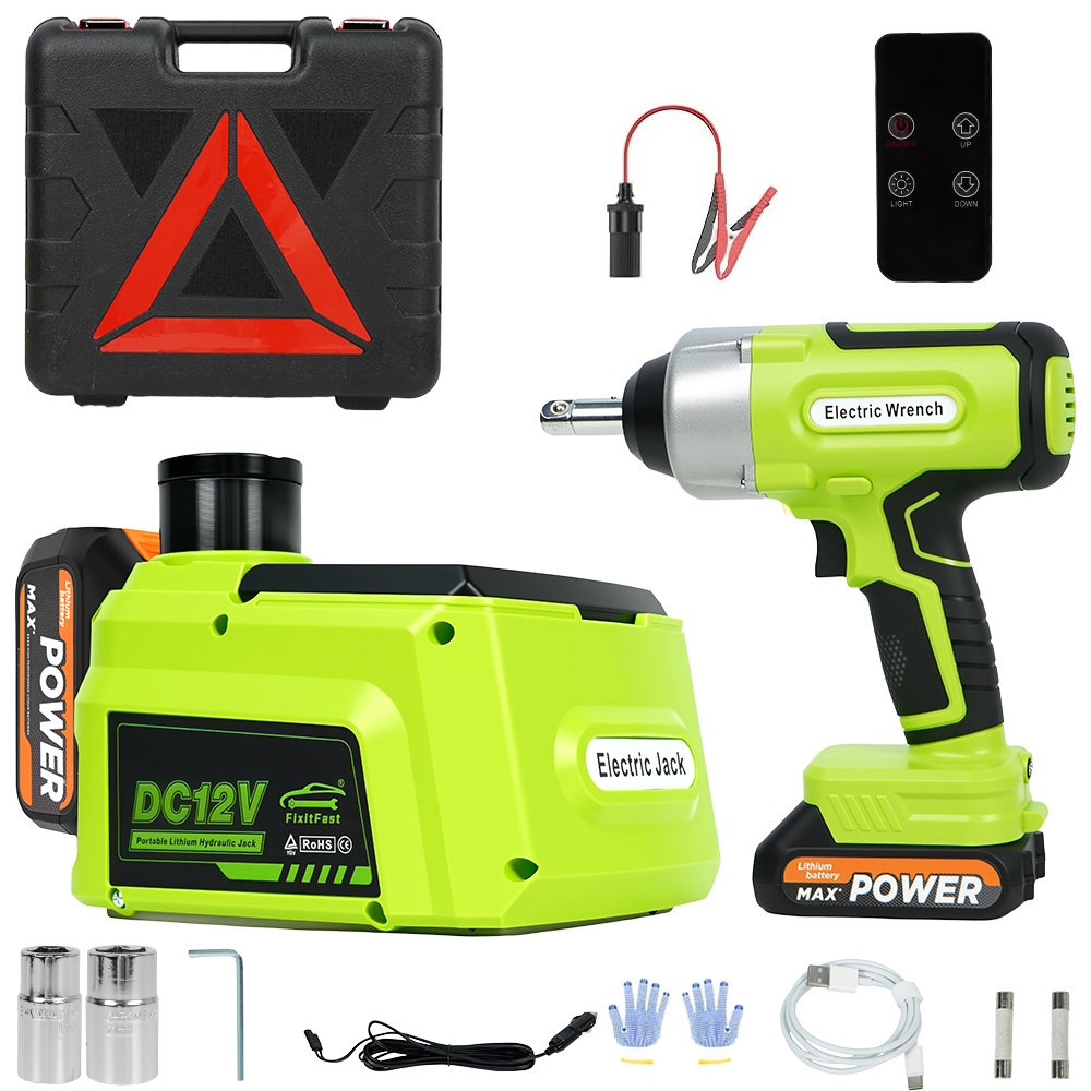 Macaco Elétrico Hidráulico 5T Sem Fio 12V+ Chave de Impacto 420Nm Kit Troca de Pneus Portátil para Carros SUV Sedãs MPV