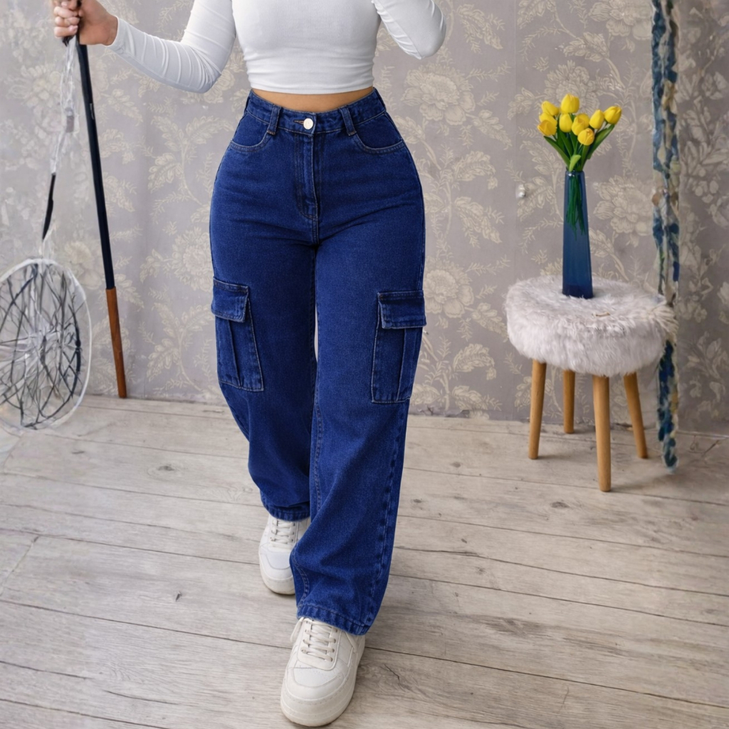 Calça Wide Leg Jeans CARGO Feminina Cintura Alta Sem Lycra