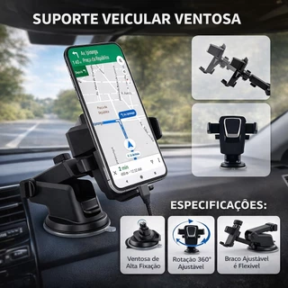 Suporte Veicular Universal Celular e GPS Trava Automática 360° Ajustável Ventosa Silicone Para Carro