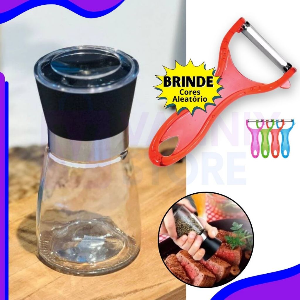 Moedor de Sal e Pimenta Manual Inox com Regulagem + Descasca