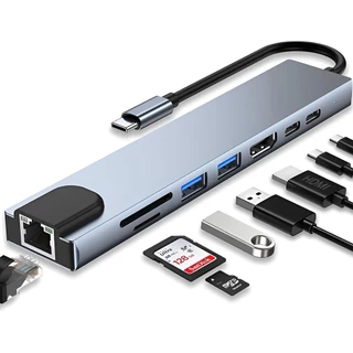 Hub USB-C 8 em 1 USB 2.0/3.0 HDMI 4K RJ45 Rede SD TF Docking Station Extensão Alta Velocidade