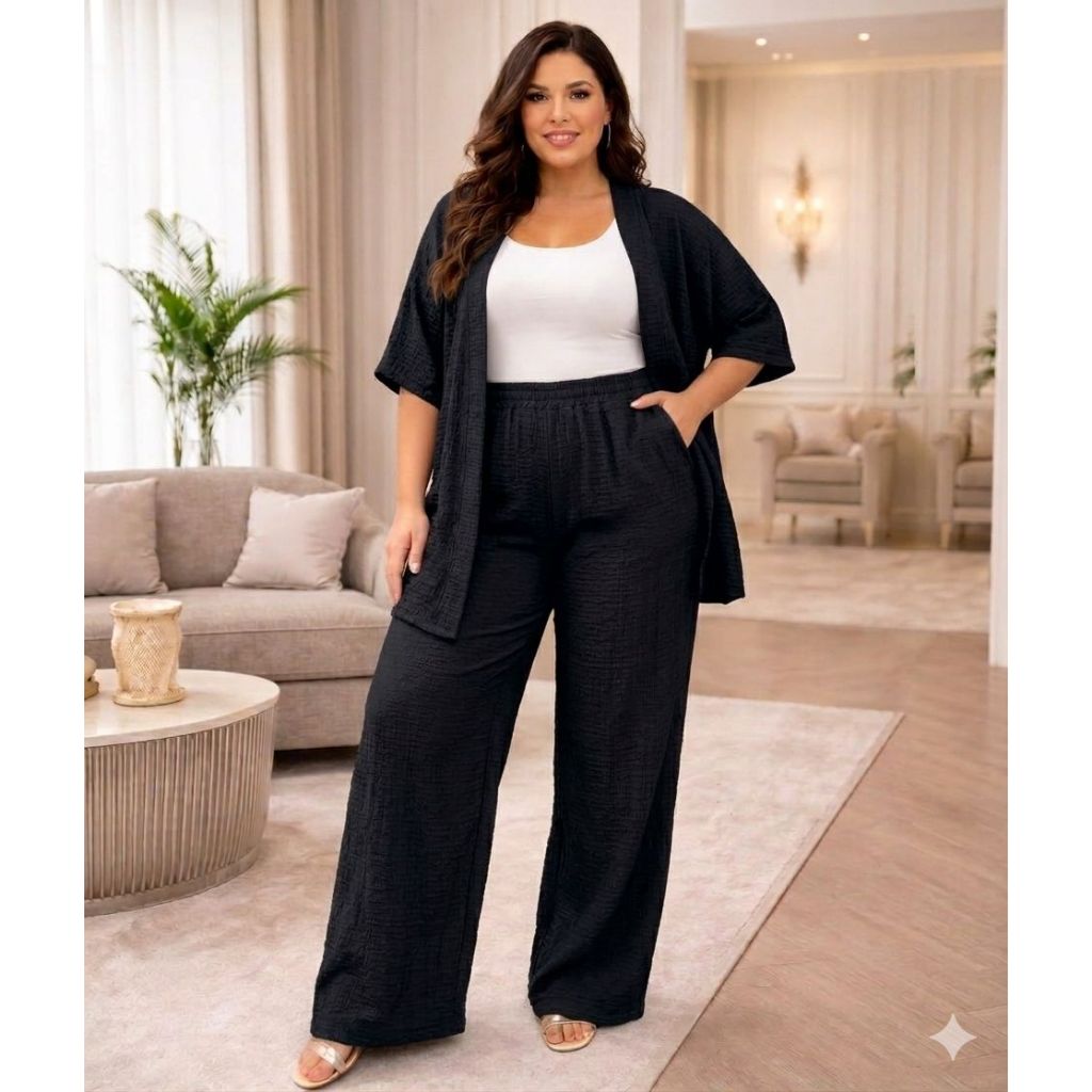 Conjunto-Kimono e Calça Pantalona Plus Size Crepe Air Flow do GG ao G3 ...