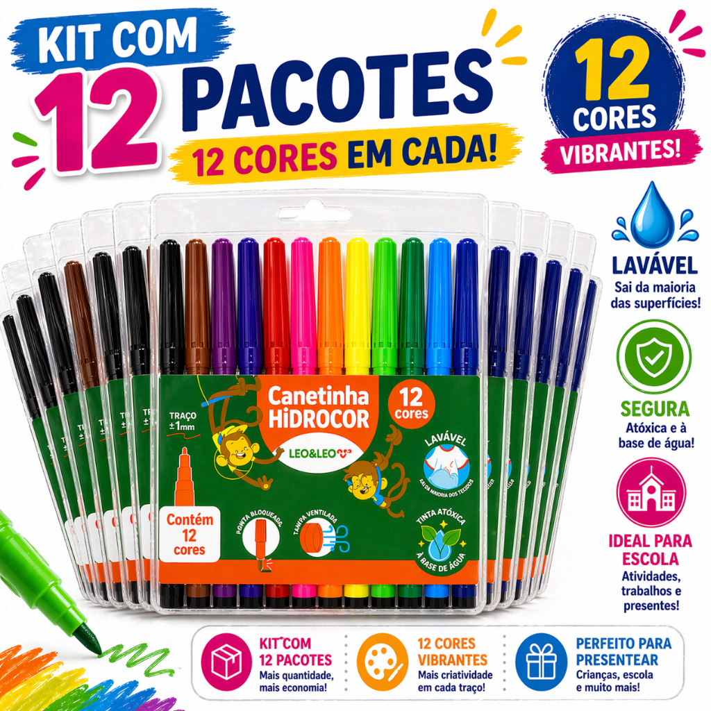 EXTRART エクストラート　01-10 セット Kit 12 Pacotes Canetinha Hidrocor 12 Cores Lavável Atóxica Ponta