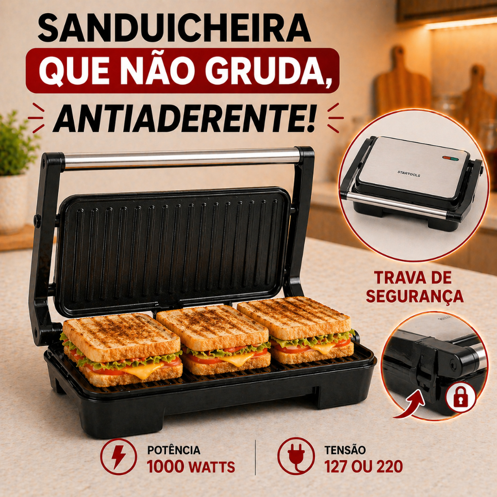 Sanduicheira Grill Elétrica 1000W Inox Antiaderente Compacta