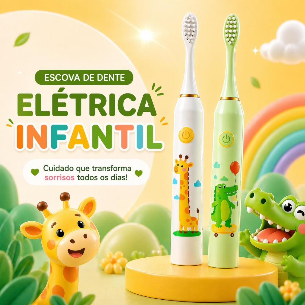 Escova de Dente Elétrica Infantil + 4 Refis Limpeza