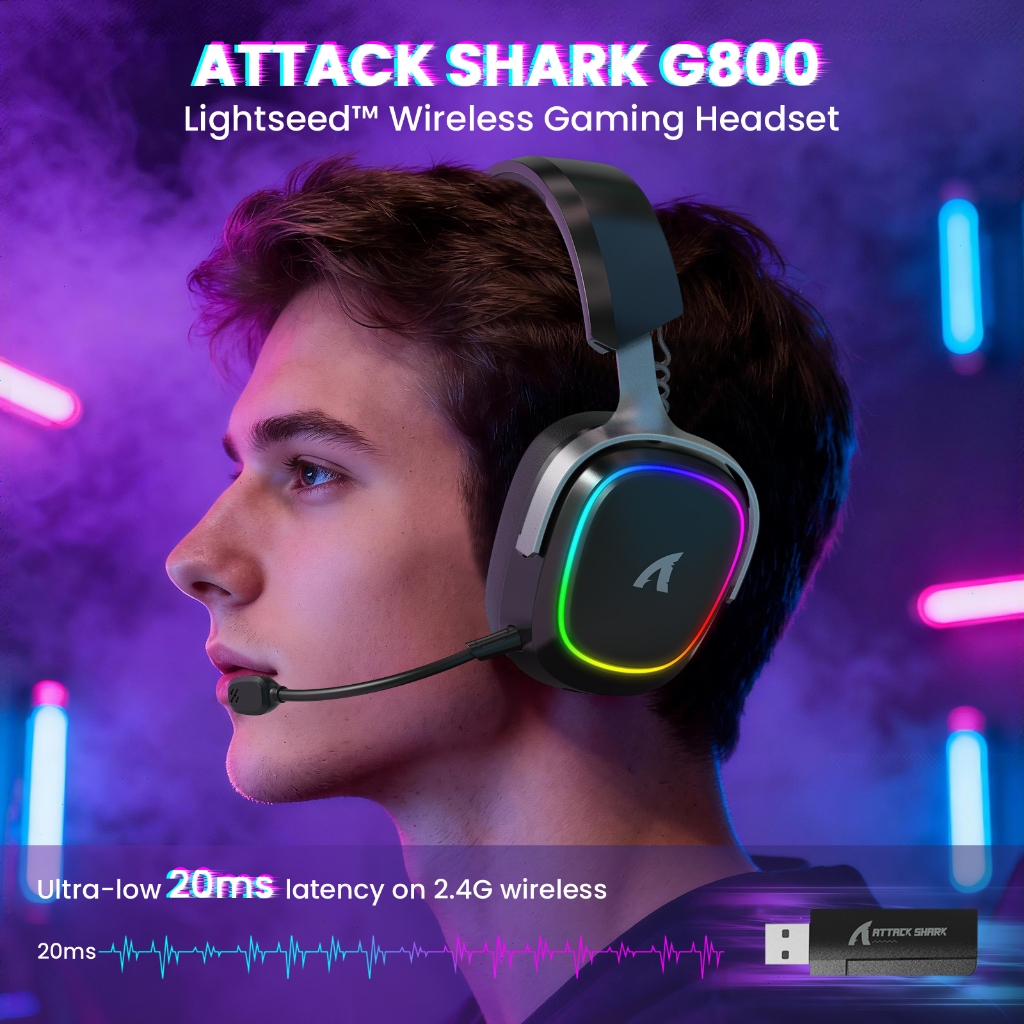 ATTACK SHARK G800 Wireless RGB Gaming Headset, 7.1 Surround Sound