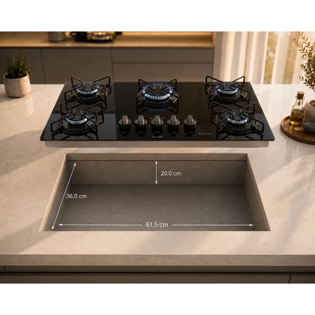 Cooktop Atlas Agile Up 5 Bocas Mesa de Vidro Mega Chama 2.85kW Bivolt