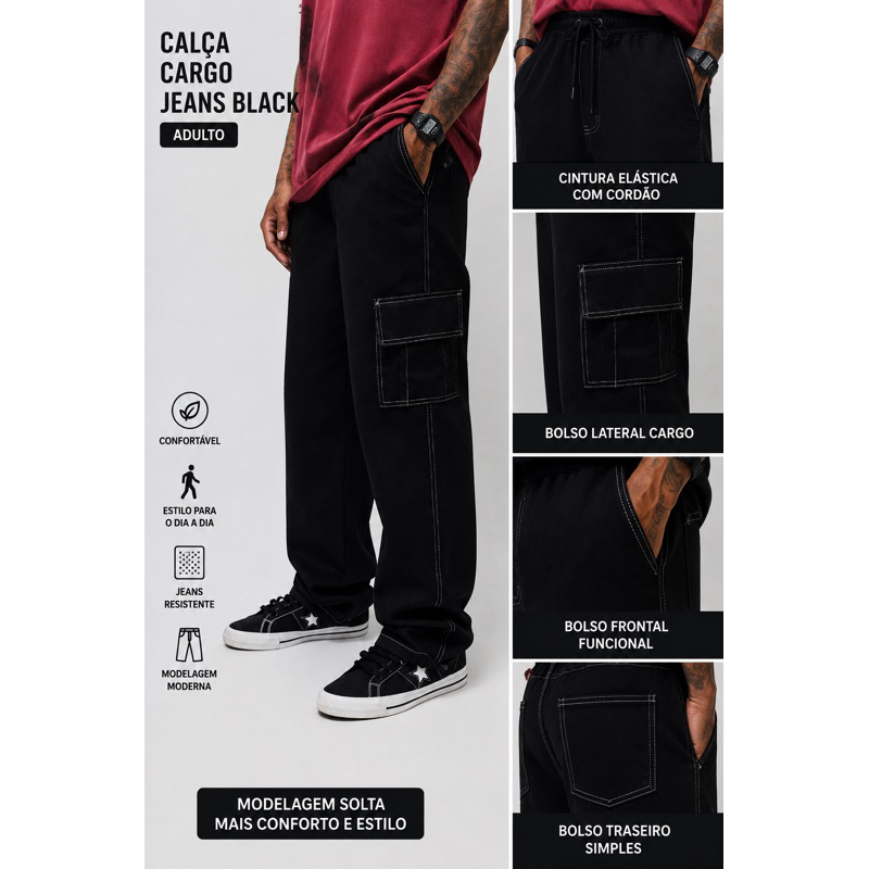 Calça Cargo Jeans Masculina Adulto Streetwear Cintura Elástica Com
