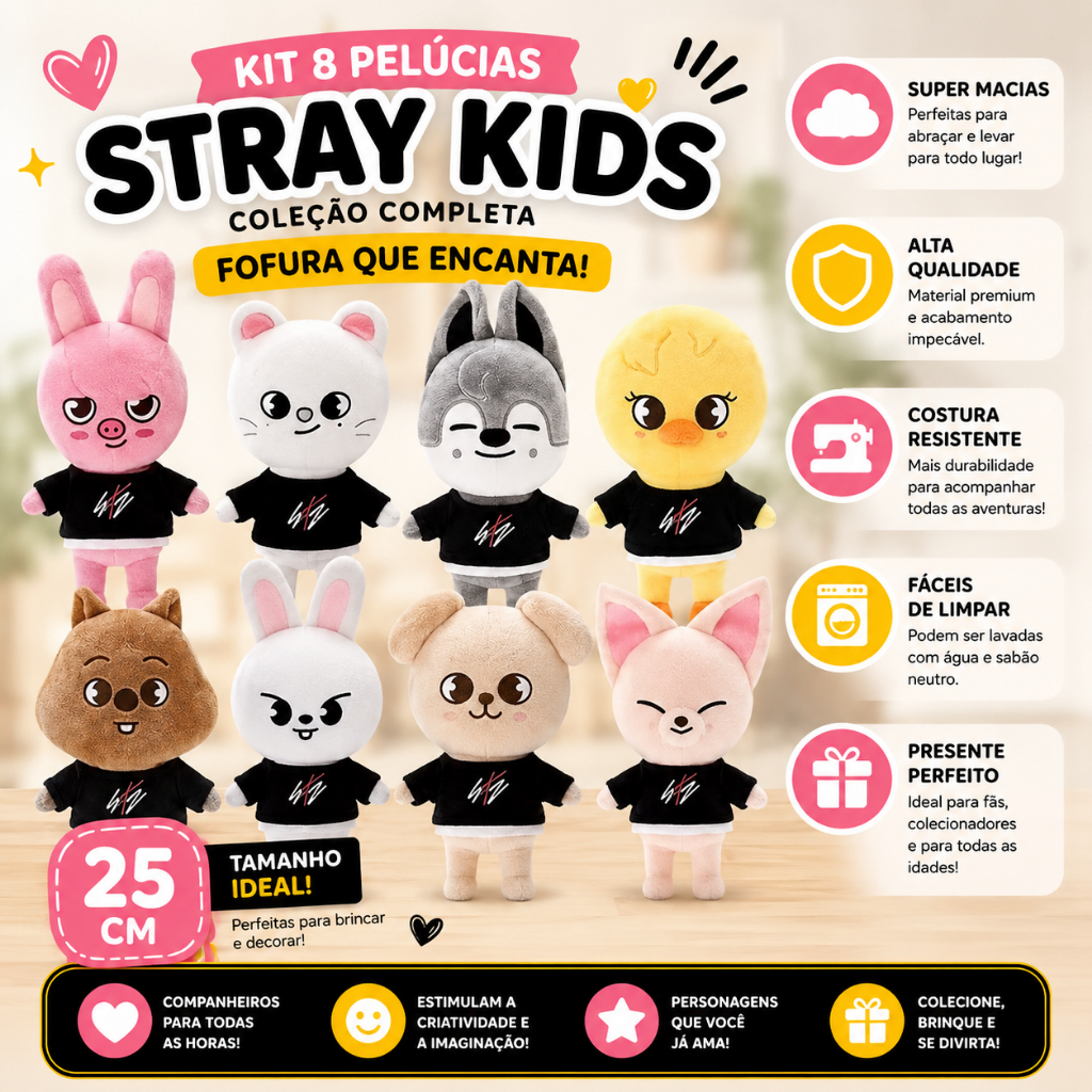 Pelúcia Stray Kids Skzoo 25 cm Todos Personagens K-Pop Fofos e